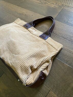 Saks Fifth Avenue Beige Corduroy Tote with Dark Brown Handles